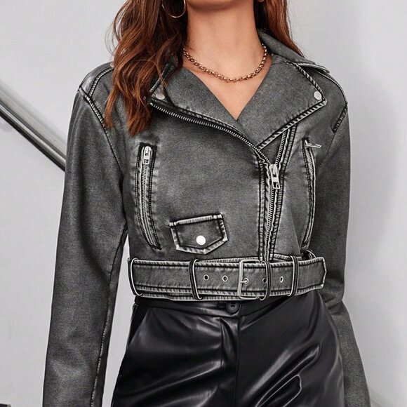 Grey Casual Womens Zip Up Belted Moto Jacket - Picture 3 of 6